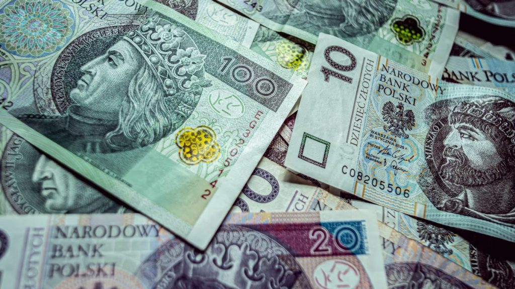 Various denominations of Polish Zloty banknotes in a close-up view, highlighting currency design.